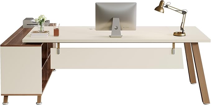 Tribesigns 78.7" L-Shaped Executive Desk, Modern Office Desk with File Drawers & Storage Shelves, Large Computer Desk with 55-Inch Cabinet, Business Workstation for Home Office, Beige & Walnut