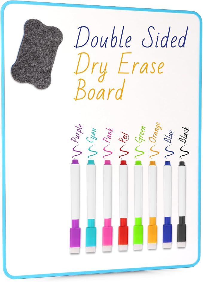 Small White Dry Erase Board Double Sided，Small Dry Erase Board 14x11 Inch,Mini White Board with 8 Markers for Students Office Kitchen Blue