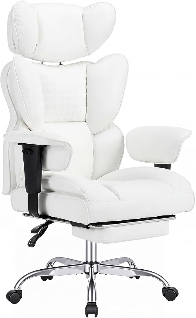 DUMOS Big and Tall Home Office Desk Chair, Executive Chair with Footrest | PU Leather, Ergonomic Comfy Lumbar Support, High Back Reclining, Adjustable Armrests, White