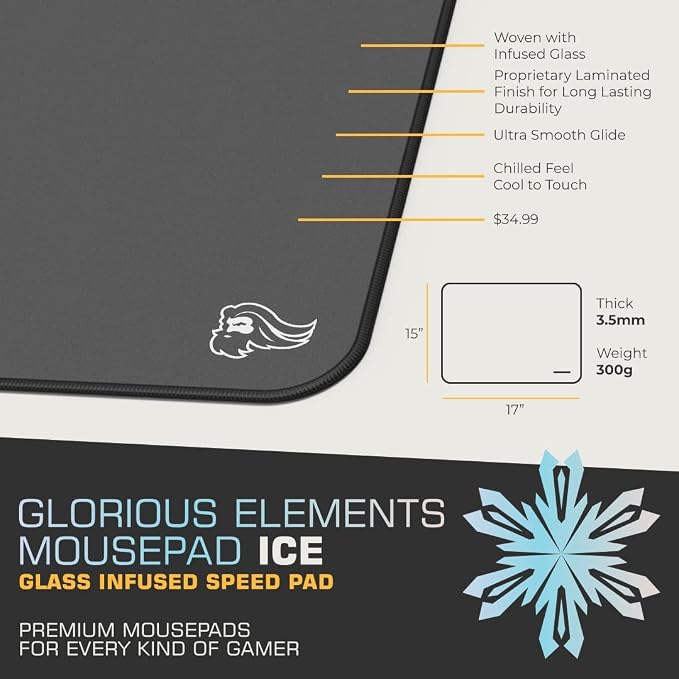 Glorious Elements Mousepad - XL Mouse Pad - Glass Infused Flexible Cloth Computer Desk Pad for Speed Gaming 15"x17" (ICE)