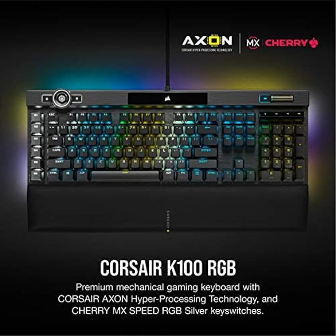 Corsair K100 RGB Mechanical Gaming Keyboard - Cherry MX Speed RGB Silver Keyswitches - PBT Double-Shot Keycaps - Elgato Stream Deck and iCUE Compatible - QWERTY NA Layout - Black