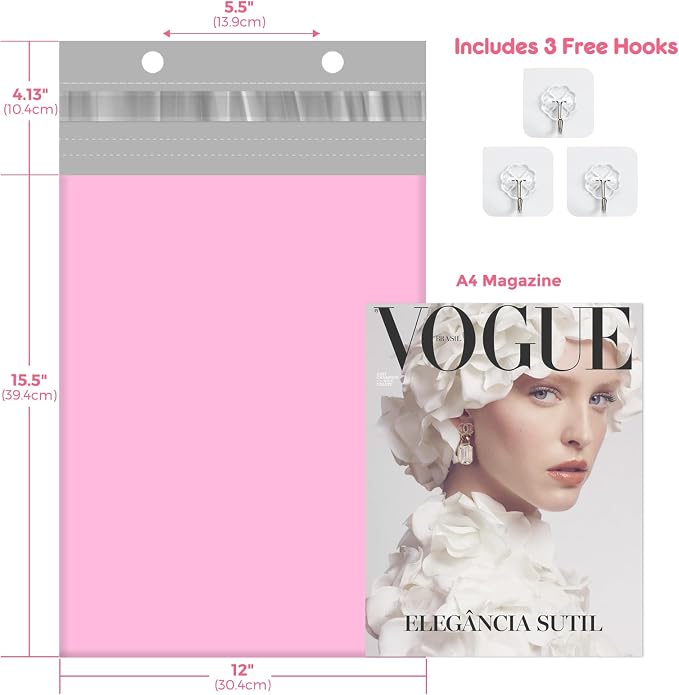 Fuxury Poly Mailers 12x15.5" 100PC Pink Shipping Bags for Clothing with Easy-Open Tear Strip & Easy-Store Hanging Holes, Strong Self-Seal Waterproof Shipping Envelopes Mailing Bags for Small Business