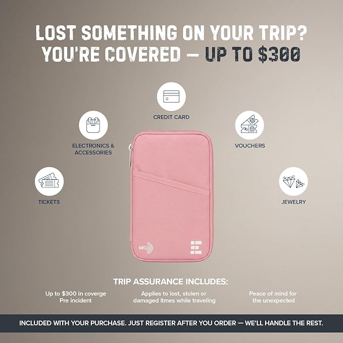 Zero Grid RFID Family Passport Holder for up to 6 Passports, Large Zippered Wallet for Men & Women, Fits Cards, Cash, ID, Sim Card, AirTag; Premium & Compact Travel Document Holder - Rose Pink