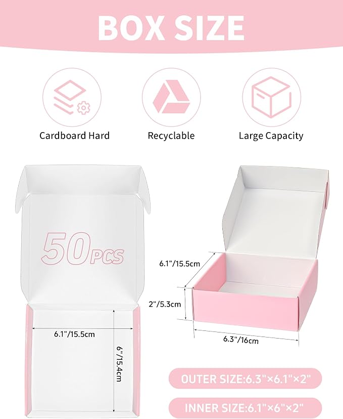 Shipping Boxes 6x6x2 Inch Set of 50, Light Pink Mailer Small Packaging Boxes, Corrugated Cardboard Boxes for Small Business Gift Literature Shipping