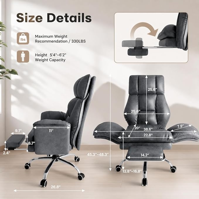 Big and Tall Office Chair with Footrest & Flip Armrests | Crystal Velvet Ergonomic Desk Chair, for Pets & Cross-Legged Sitting, Wide Seat Reclining Executive Computer Chair, Black