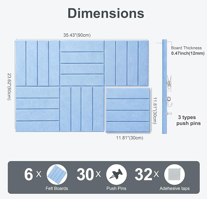0.47" Thick Felt Wall Tiles 36"x24" Cork Board Alternative 6 Pack 11.81"x11.81"Felt Bulletin Board Pin Board with Removable Adhesive Tape&30 Pushpins for Home Office School(Bold-Light Blue)