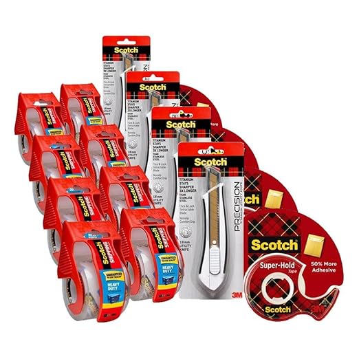 Scotch Shipping Pack, Complete Shipping Tape Dispenser Kit Super Hold Tape, 2 Heavy Duty Packaging Tape Rolls, and a Precision Mini Box Cutter Knife (Pack of 4)