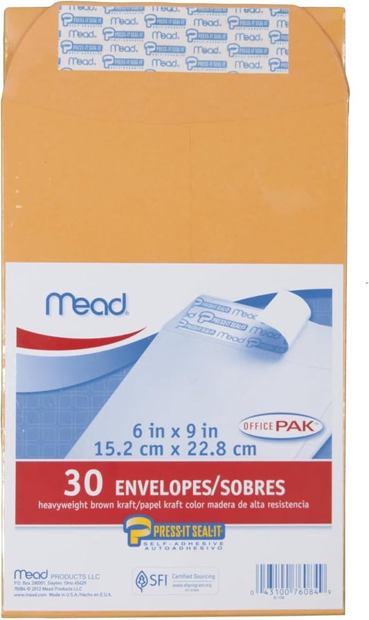 Mead Envelopes, Letter Size, 6" x 9", Press-It Seal-It Self Adhesive Closure, Brown Kraft All-Purpose 24-lb Paper Mailing Envelopes, 30 Count (76084)