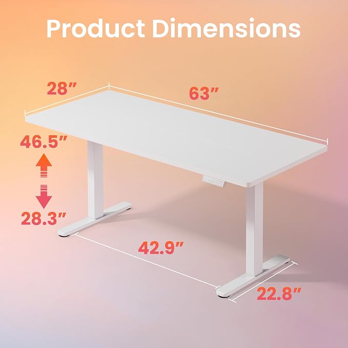 HUANUO 63x28 Inch Electric Standing Desk, Height Adjustable, White | 176 Lbs Capacity, Smooth Home Office Desk, 4 Memory Presets & Headphone Hooks, 28.3–46.5 Inch Height Range, Easy to assemble