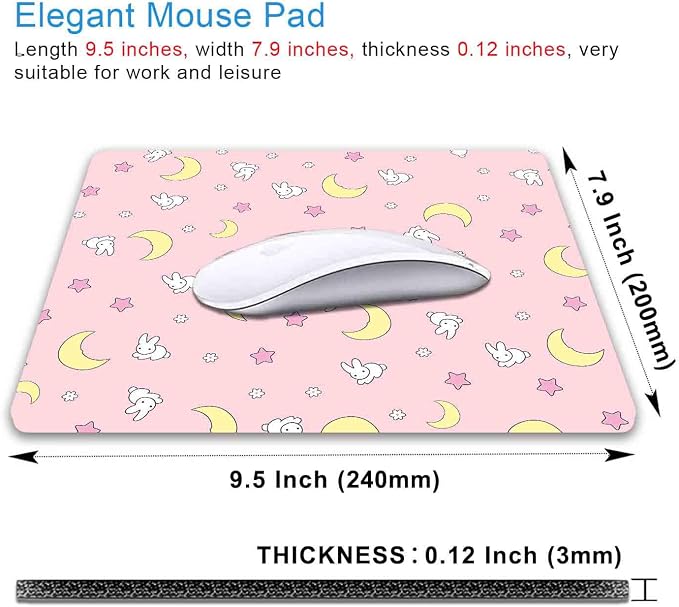Pink Kawaii Mouse Pad, Cute Moon Bunny Small Mouse Mat，Aesthetic Anime Mousepad for Women Kids Office Home School, Computer PC Laptop Mice Pad, 9.5 x 7.9 Inch