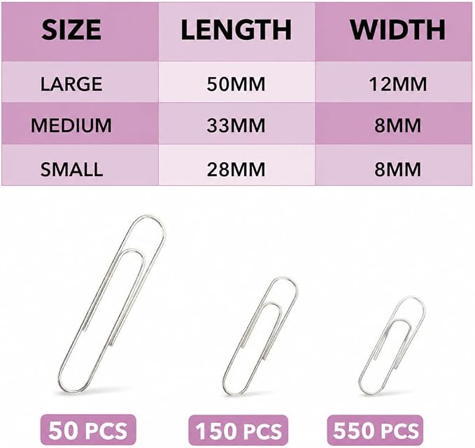 Mr. Pen- Silver Paper Clips, 750 pcs, 3 Sizes, Small, Medium and Large | Steel Paper Clips with Storage Box for Office, School, DIY, Binder Clips, Business Card Holders & Envelope Clips