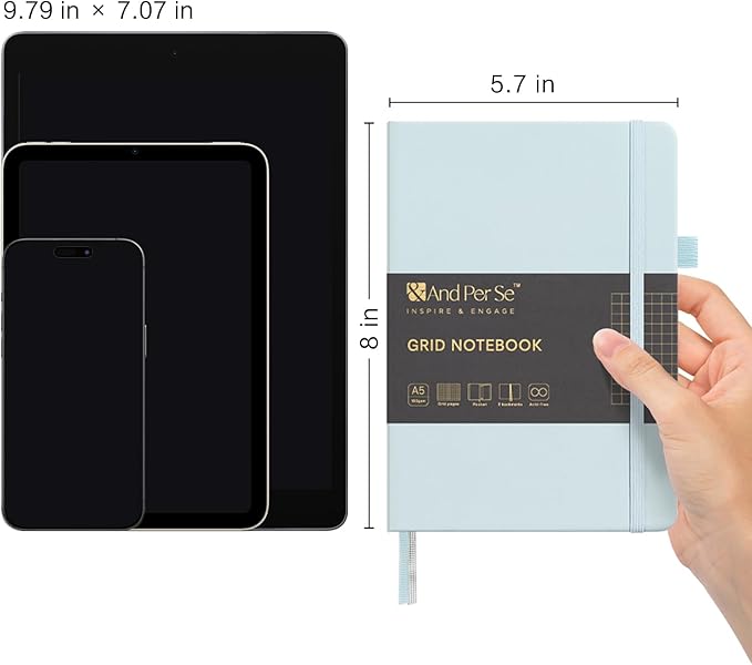&And Per Se Graph Notebook, 5mm Grid, A5 Hardcover, 160 Pages 100gsm Thick Paper, Grid Journal for Diagrams, Wireframes, CAD Sketches (Cyan)