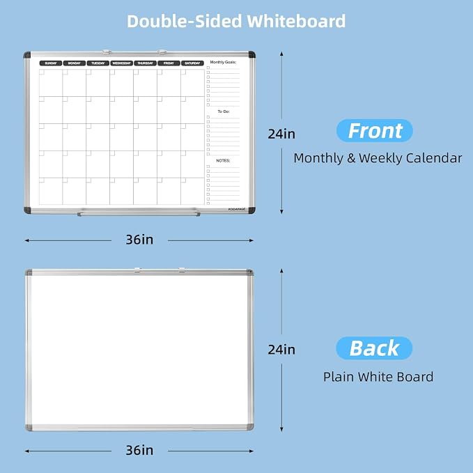 Whiteboard Dry Erase Calendar for Wall, Weekly & Monthly Planner, 36" x 24", Double-Sided, for Office, Home and School