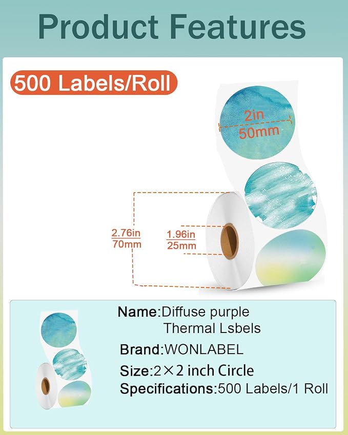 2inch Round Thermal Labels Self-Adhesive, 500 PCS/Roll Circle Thermal Printer Labels for Business and Home, Thermal Sticker Label for/Shipping/Packaging/DIY Logo Design/Thanks Card