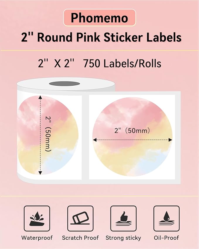 Phomemo 2” Color Circle Thermal Labels, Self-Adhesive Round Direct Sticker Label, Circular Thermal Printer Label for Logo Design, Name Tag, Thanks Card, Address, QR Code, 750 Labels/Roll, Gradient