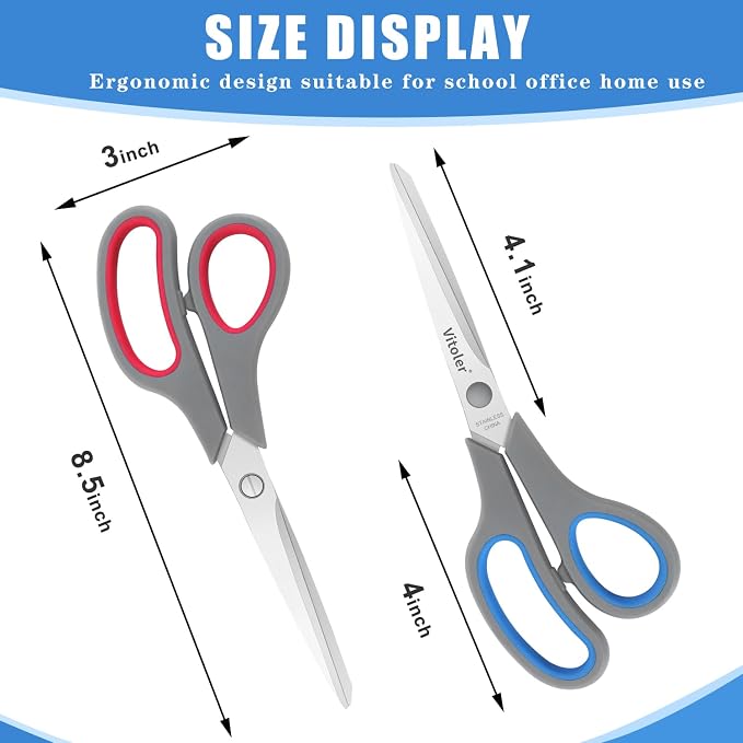 Vitoler Scissors, Heavy Duty Scissors All Purpose Bulk Set of 3-Pack | Sharp Scissor for Office School Craft Sewing Fabric, Right/Left Hand