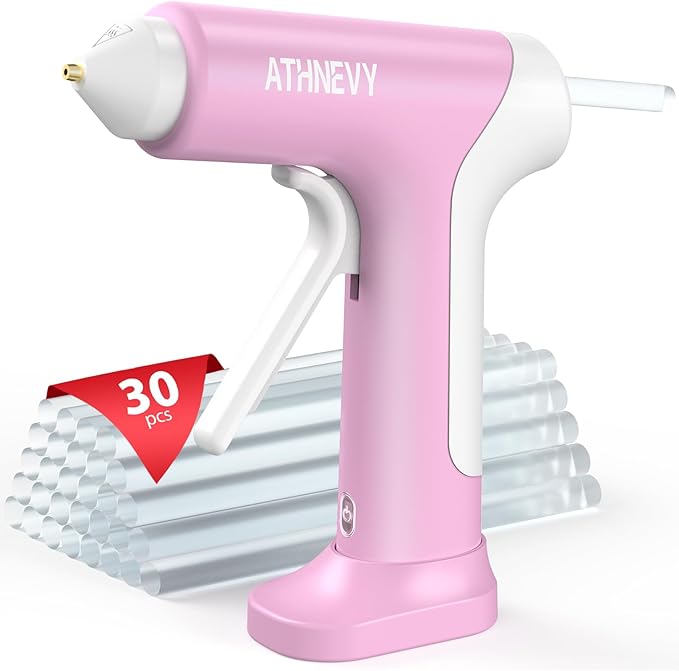 Cordless Hot Glue Gun, 10s Fast Preheat, 30PCS Mini Glue Sticks 7x100mm, 4V 20W Type-C Rechargeable, Anti-Drip, Auto-Off, for DIY Crafts, Repair, Decoration (Pink)