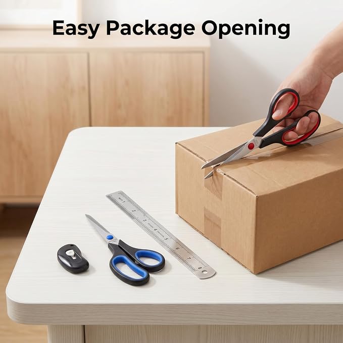 Office Scissors 8 Inch 2 Pack, All Purpose Sharp with Ruler & Knife Set | Ergonomic soft grip handles & heavy duty stainless steel blades, designed for craft, fabric, school, desk & everyday cutting
