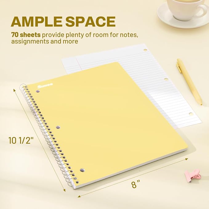 SUNEE Spiral Notebooks, 12 Pack, 1-Subject, College Ruled Paper, 8" x 10-1/2", 70 Sheets per Notebook, Assorted Pastel Colors Spiral Notebooks for School