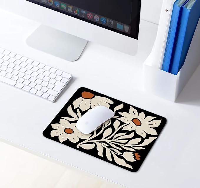 Square Small Mouse Pad Boho, Vintage Floral Black Computer Mousepad, Retro Mouse Pads with Flowers, Abstract Mouse Mat for Wireless Mouse, Office Gifts for Coworkers, Decor Gift for Women, 9.5x7.9 in