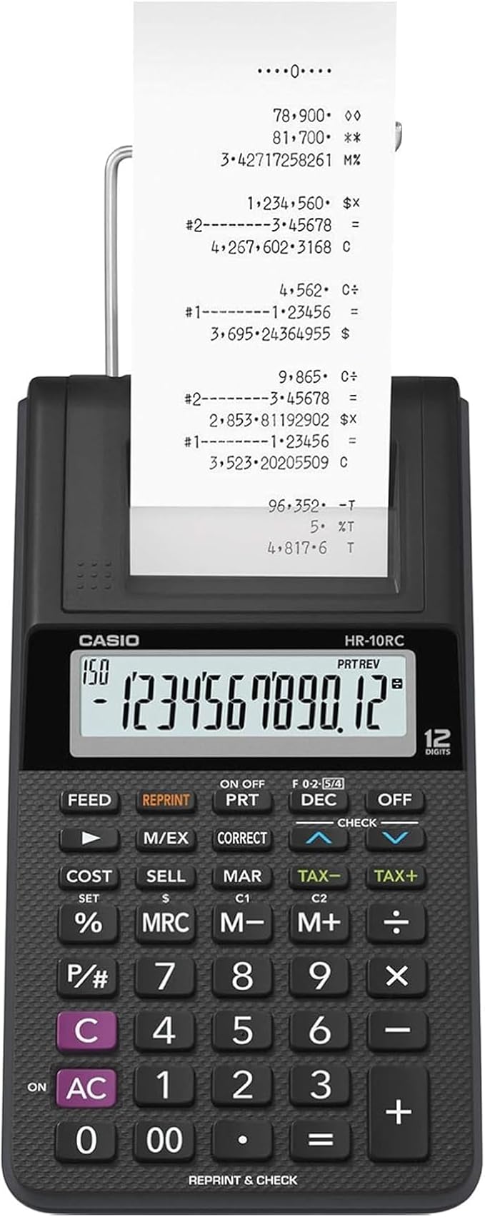 Casio HR-10RC Mini Desktop Printing Calculator, Black | Portable, 12-digit display, one-color printer, tax & currency; ideal for bookkeeping