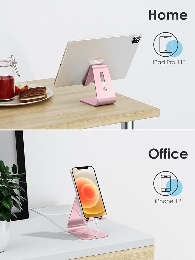 OMOTON C1 Upgraded Aluminum Cell Phone Stand for Desk, Durable Phone Dock | Protective Pads Cellphone Dock for iPhone 17/16/15/14/13 Pro Max Air, iPad mini, Android Smartphones - Rose Gold