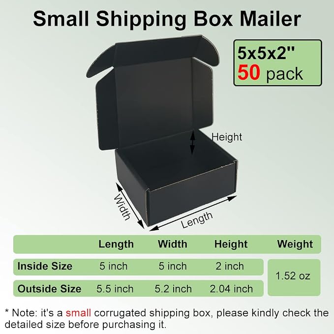 50 Pack 5x5x2'' Small Shipping Boxes, Black Corrugated Cardboard Mailers for Mailing Packaging Small Business(BK552-50)