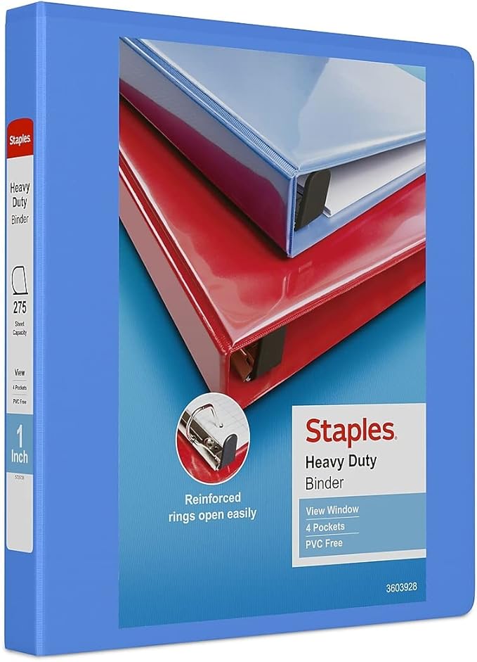 Staples Heavy-Duty 1-Inch D-Ring View Binder, Reinforced Spine, Holds Up to 275 Sheets, Periwinkle, for Office & School