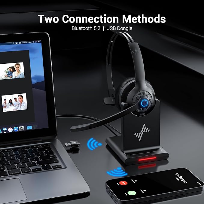 Bluetooth Wireless Headset with Mic for Work, Bluetooth 5.2, Advanced Noise Reduction Microphone, Clear Calls - Comfortable On-Ear Headphones, Applicable to PC, Laptop, Phone, Android, Zoom, Office