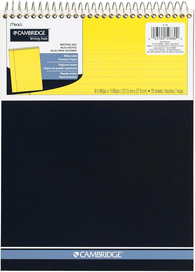 Mead Writing Pads, Wide Ruled Paper, 8-1/2" x 11", 70 Sheets, Memo Pads, Note Pads, Steno Pads, Yellow (59880)