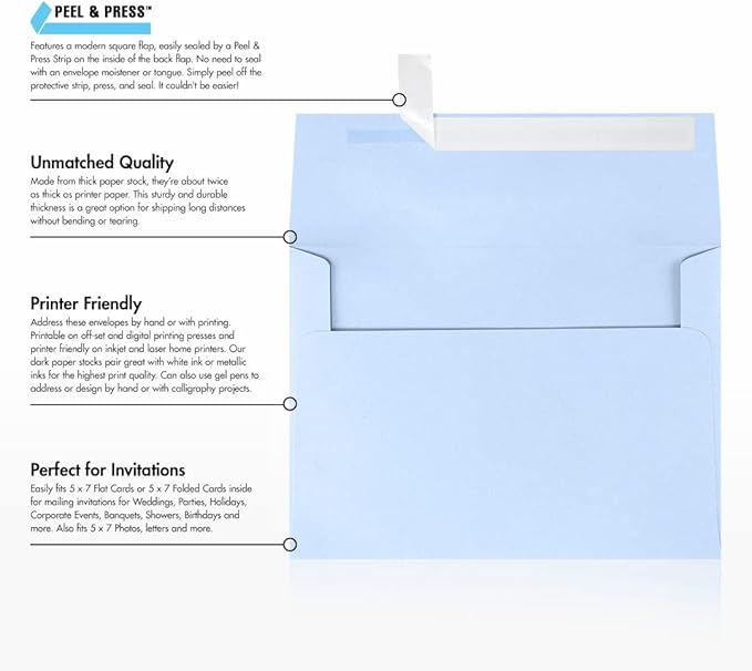 LUXPaper A7 Invitation Envelopes | Peel & Press | 5 1/4" x 7 1/4" | Baby Blue | 80lb. Text | 50 Qty