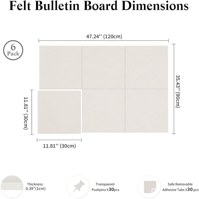 36" x 24" Decorative Bulletin Boards, Large Cork Board Alternative | 30 Pushpins, 30 Adhesive Tabs, Solid-Tile 6-Pack Felt Wall Tiles, Cork Boards for Office Push Pin Board Felt Board, Oatmeal