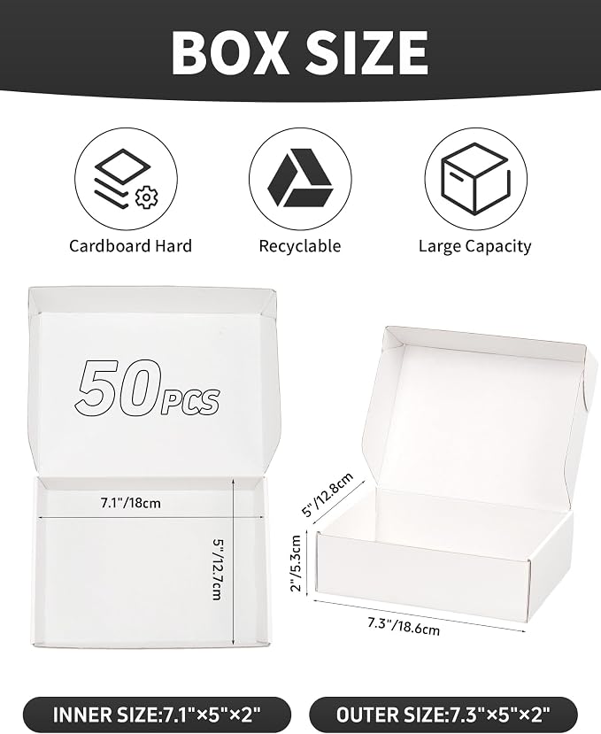 White Shipping Boxes 7x5x2 Inch, Set of 50, Corrugated Cardboard Boxes, Mailer Packaging Boxes for Small Business Gift Literature Shipping