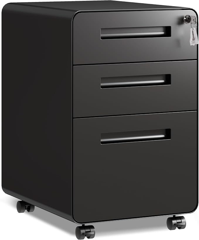 DEVAISE 3 Drawer File Cabinet with Lock, Fully Assembled Except Casters | Thickened Metal Mobile Filing Cabinet, Under Desk File Cabinet for Home Office, fits Letter/Legal Size, Black