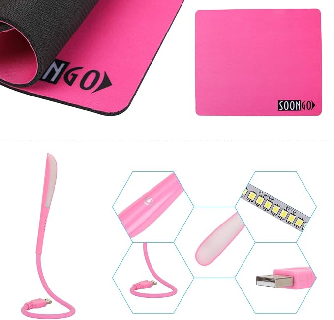 SOON GO Pink Mouse and Pad USB LED Light 3 in 1 Gift Comb Kids Mouse for Laptop Home Office Travel