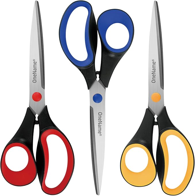 OneName 8" Heavy Duty Scissors All Purpose for Office School Crafts,Black | 3 Pack,Ergonomic Comfort Grip,Ultra Sharp Pointed Tip,Left & Right Handed,Cutting Paper Fabric Packaging,for home