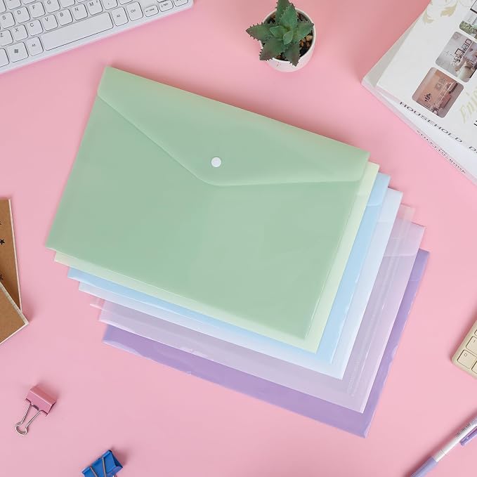 EOOUT 28pcs Plastic Envelopes, Plastic Folders for Documents, Poly Folders with Snap Closure, A4 Size, Letter Size, for School and Office Supplies