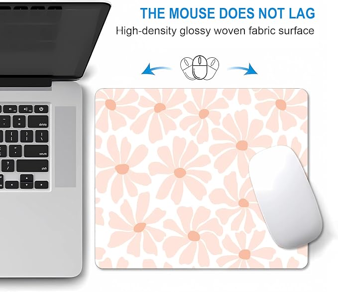 Square Pink Daisy Mouse Pad Small, Cute Boho Flower Computer Mouse Pads, Non-Slip Rubber Base Aesthetic Mousepad Washable Cloth, Minimalist White Girly Decor Gifts, Coworker Gift for Girls Kids