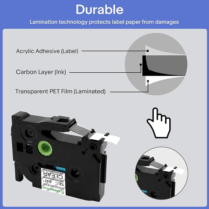 GREENCYCLE Extra Strength Label Tape TZe-S131 12mm 0.47" Laminated Clear Compatible for Brother P-Touch TZeS131 TZ-S131 TZe TZ 1/2 inch Black on Clear Label Tape for PT-D200 PT-D210 PT-D220 2 Pack
