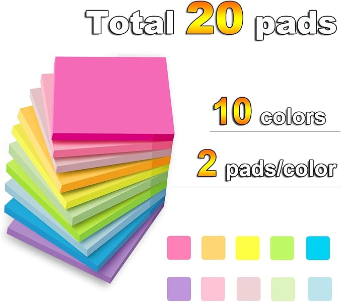 (20 Pads) Sticky Notes 3x3 in,Bright Colors Notepads,Colorful Stickies | Super Sticking Power,Memo Note Pads,Post on Windows Doors,Office,School,Strong Adhesive,Recyclable,Easy to Write