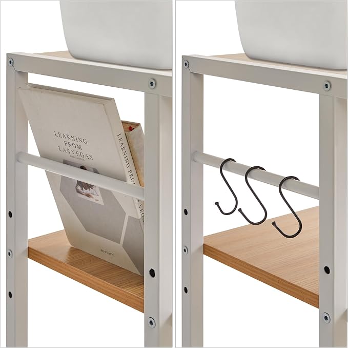 YMYNY 3-Tier Mobile Printer Stand 32.28 * 17.32 * 11.81" Natural HPT002N | Printer Cart with Adjustable Storage Shelf & 6 S-Hooks Tall Printer Table for Home Office,for Computer Tower Stand,Shredder