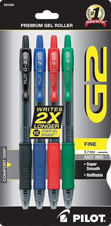 PILOT G2 Gel Ink Pens, 4-Pack, Assorted Colors, Black/Blue/Red/Green