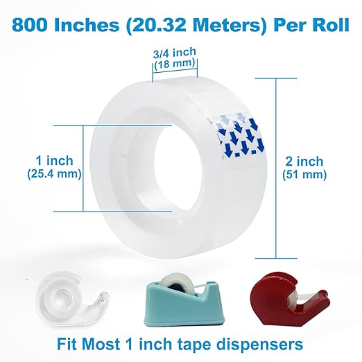 72 Rolls Clear Tape, Transparent Tape Refills for Dispenser, 1 Inch Core, 3/4 x 800 Inches, Strong Adhesive for Gift Wrapping, Office, School, Home, Desk Supplies & Crafts