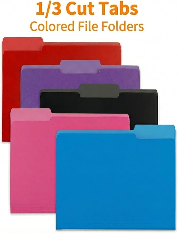 100 Packs Colored File Folders,1/3-Cut Tabs,Assorted Color Letter Size File Folder,8.5"x11" Manila File Folders for Office,School and Home,Organizer File Folder(Black, Blue,Red,Pink,Purple)