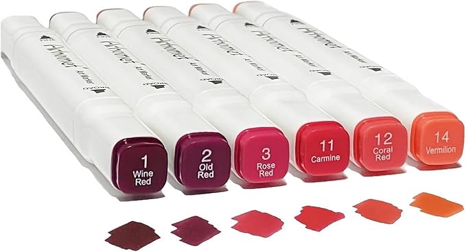 Arhomet 6 Colors Red Rose Flower Colors Alcohol Markers Set, Dual Tips Art Markers Drawing Sketched Double Tipped for Adults Beginner Artists (Red)