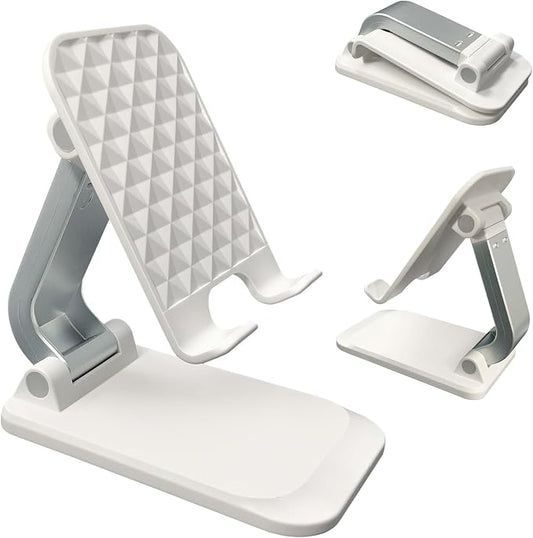 POQOD Foldable Cell Phone Stand for Desk, Fully Adjustable Phone Holder for Desk Compatible with iPhone 16 15 14 13 12 11, Nintendo Switch, All Phones, (New-White)