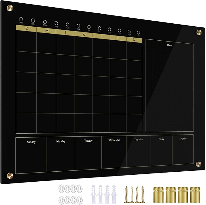 Black Glass 3-1 Monthly Dry Erase Calendar Whiteboard for Wall,24"x 36",Frameless Mounting,Office/School/Home, Frameless Large Planner White Board