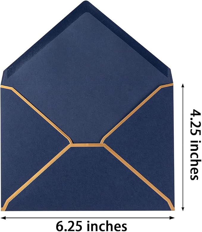 50 Pack A4 Envelopes Navy Blue 4x6 with Gold Border, 4.25x6.25 | Self-Adhesive, V Flap, For Wedding, Graduation, Baby Shower, Parties, Invitations
