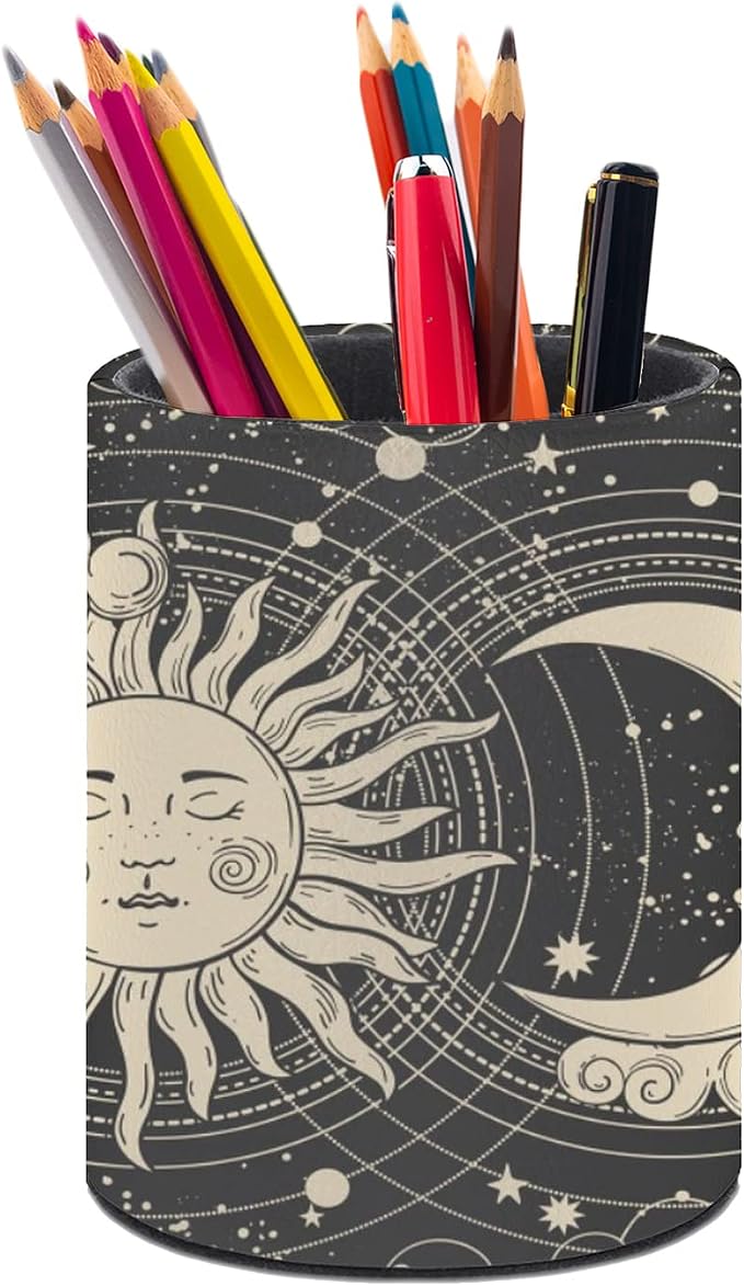 Tarot Celestial Boho Pen Holder Pencil Cup for Desk Organizer | Cute Makeup Brush Holder PU Multifunctional Office Suppliesfor Decor Home Classroom School