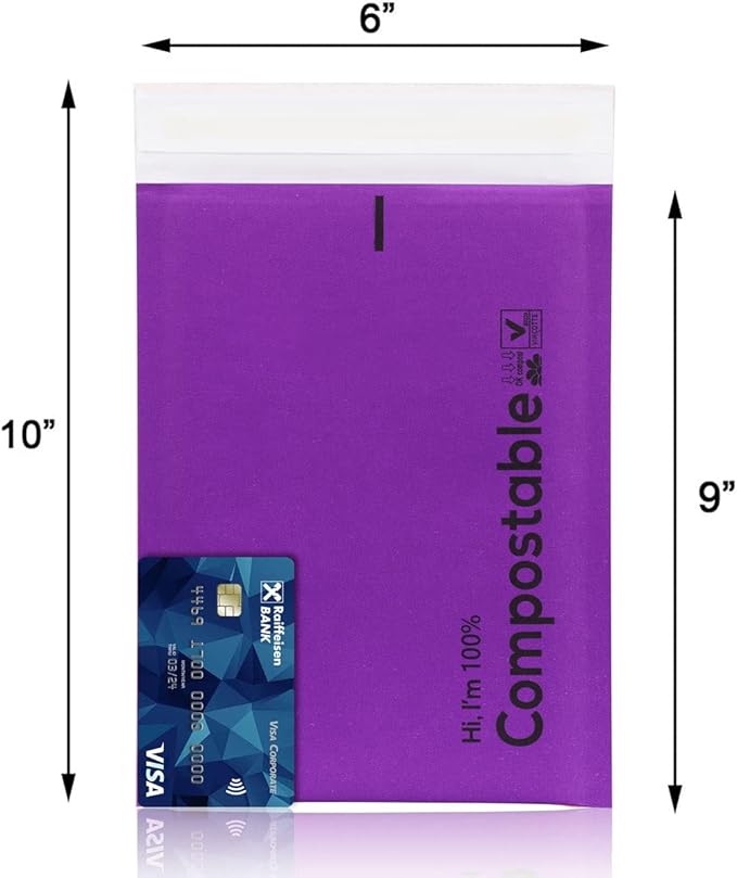 6x10 100% Biodegradable Bubble Mailers,25 Count Kraft Purple #0 Compostable Padded Packaging Wrap Envelopes Pouches Eco Friendly Self Seal Bags